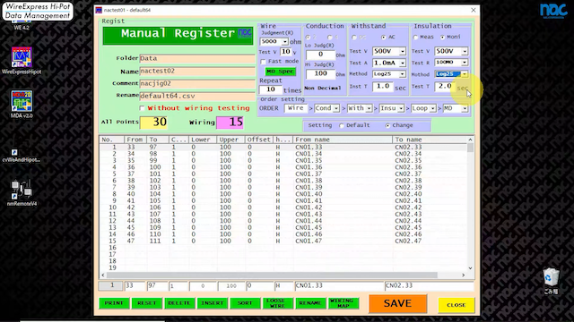 Detailed test data settings for cable harness testing by WireExpress Hi-Pot