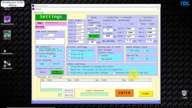 Setting test spec for cable harness tester